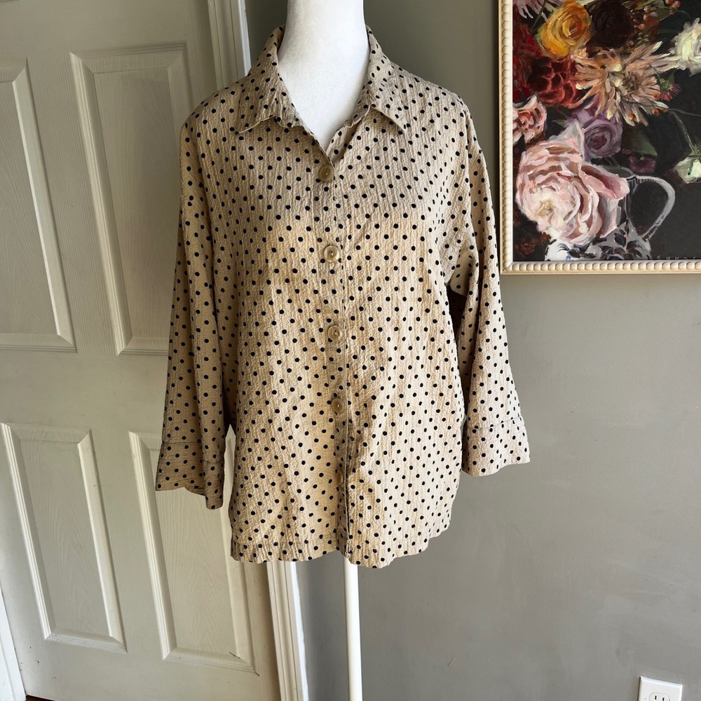 Women’s Polka Dot Cream Blouse High Neck Tie Medium Minimalist Neutral Party